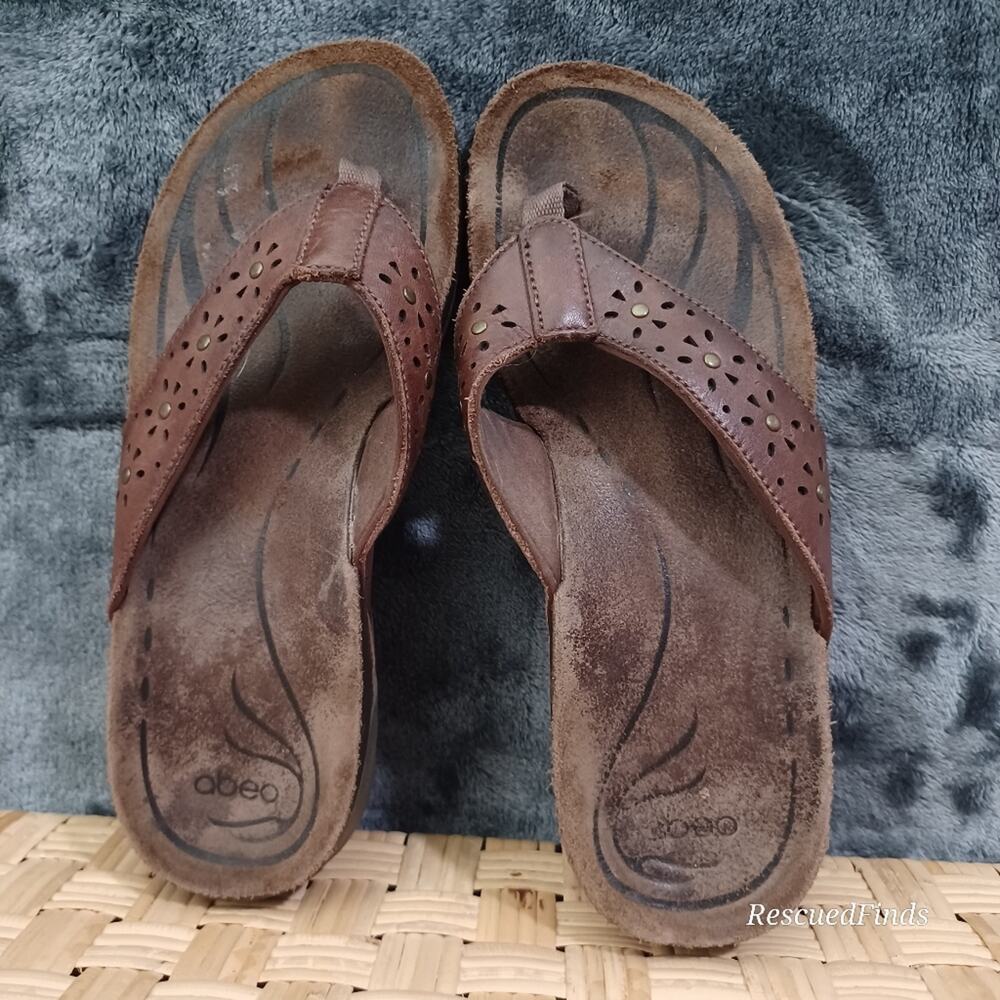 Abeo Abbie Leather Brown Flip Flop Thong Sandals Womens 8N